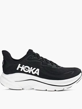 Hoka Clifton 10 Black Athletic Running Sneakers with White Soles